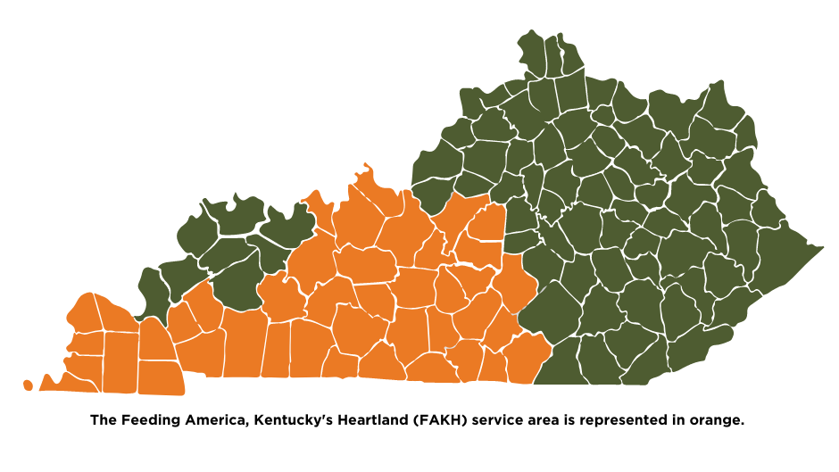 A map of the state of Kentucky with 42 south, central, and western counties highlighted to show that they are served by Feeding America, Kentucky's Heartland.